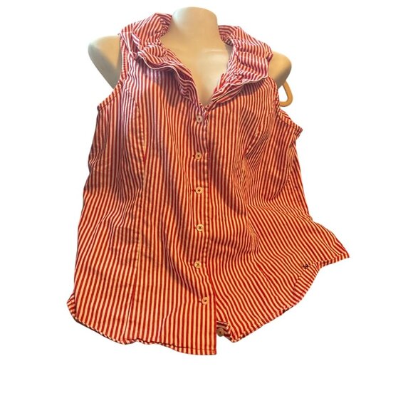 U.S. Polo Assn. Womens Button Ruffled Neckline Top L Sleeveless Red White Stripe - Picture 1 of 11
